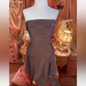Brown Strapless ruched Y2K coquette dress with tie detail ✨